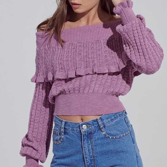 Off Shoulder Ruffled Knit Sweater Top - Picture 2 of 5
